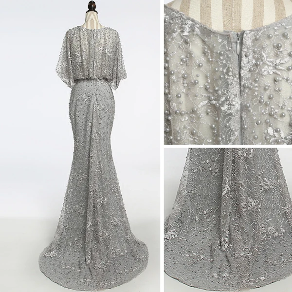 Chic / Beautiful Grey Evening Dresses 2018 Trumpet / Mermaid Beading Scoop Neck 1/2 Sleeves Sweep Train Formal Dresses