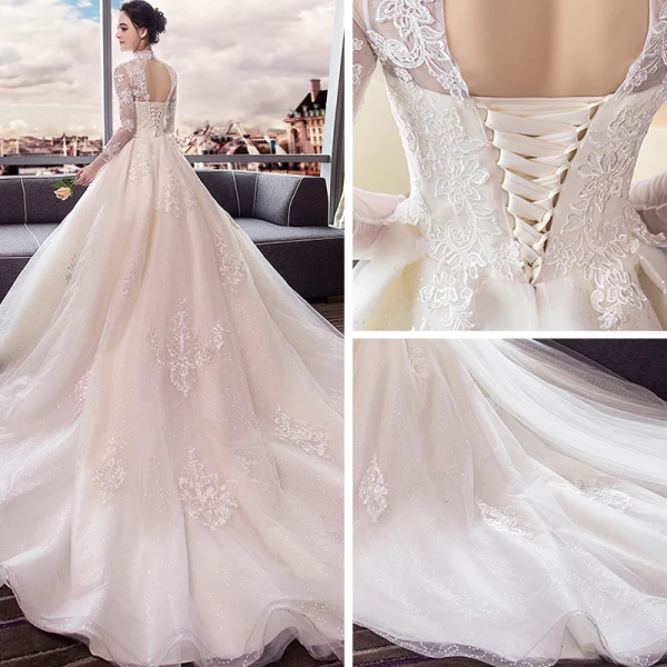 Chic / Beautiful Champagne Wedding Dresses 2018 Ball Gown Lace Appliques High Neck Backless Long Sleeve Cathedral Train Wedding