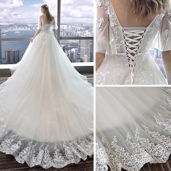 Schöne Ivory / Creme Brautkleider 2018 Ballkleid Mit Spitze Applikationen V-Ausschnitt Rückenfreies 1/2 Ärmel Kapelle-Schleppe Hochzeit