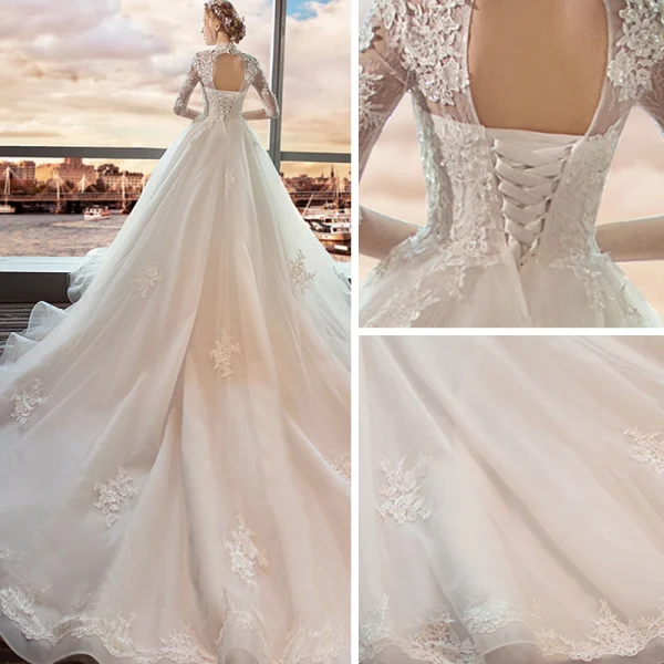 Chic / Belle Blanche Robe De Mariée 2018 Robe Boule En Dentelle Appliques Col Haut Dos Nu 1/2 Manches Cathedral Train Mariage