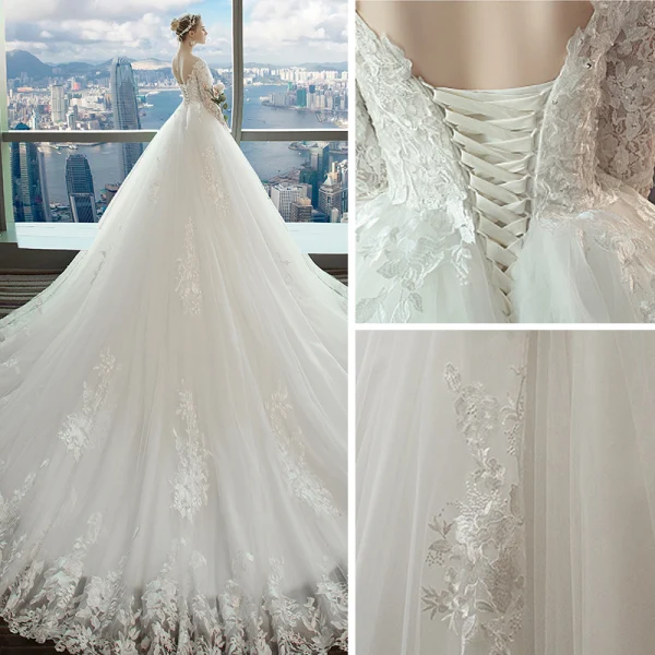 Chic / Belle Blanche Robe De Mariée 2018 Robe Boule En Dentelle Appliques Cristal Perlage V-Cou Dos Nu Manches Longues Cathedral Train Mariage