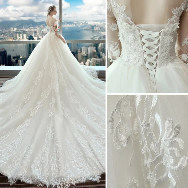 Chic / Beautiful White Wedding Dresses 2018 Ball Gown Lace Appliques Pearl Scoop Neck Backless 1/2 Sleeves Royal Train Wedding