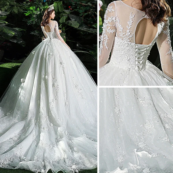 Chic / Beautiful White Wedding Dresses 2018 Ball Gown Lace Flower Appliques Scoop Neck Backless Cathedral Train 3/4 Sleeve Wedding