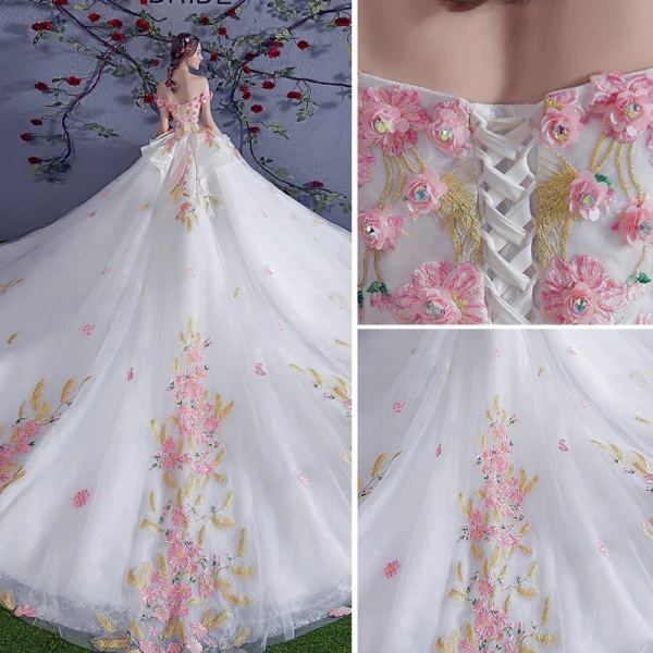 Chic / Belle Multi-Couleurs Robe De Mariée 2018 Robe Boule Appliques Cristal De l'épaule Dos Nu Sans Manches Royal Train Mariage