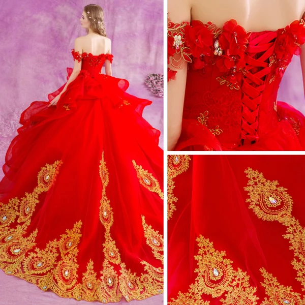 Schöne Rot Gold Fallende Rüsche Brautkleider 2018 Ballkleid Applikationen Mit Spitze Kristall Off Shoulder Rückenfreies Ärmellos Kathedrale Schleppe Hochzeit