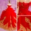 Chic / Belle Rouge Doré Volants en Cascade Robe De Mariée 2018 Robe Boule Appliques En Dentelle Cristal De l'épaule Dos Nu Sans Manches Cathedral Train Mariage