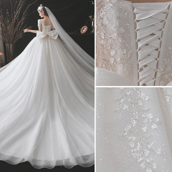 Edles Weiß Brautkleider / Hochzeitskleider 2021 Ballkleid Eckiger Ausschnitt Perlenstickerei Perle Pailletten Applikationen Kurze Ärmel Rückenfreies Schleife Königliche Schleppe Hochzeit
