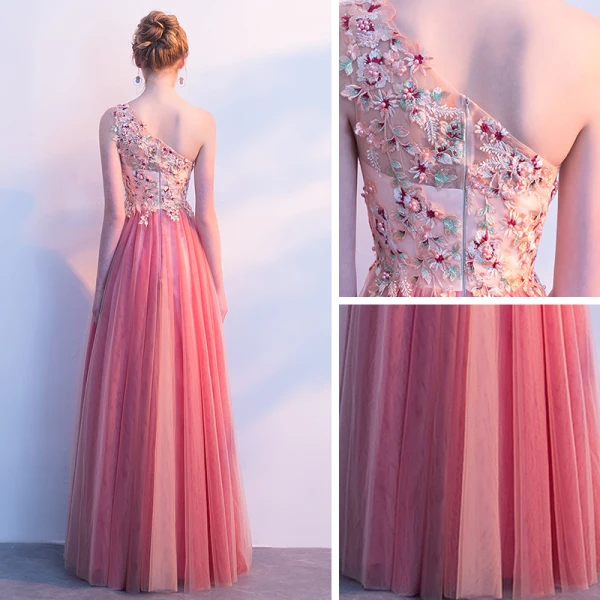 Chic / Beautiful Watermelon Prom Dresses 2018 A-Line / Princess Lace Appliques Pearl One-Shoulder Backless Sleeveless Floor-Length / Long Formal Dresses