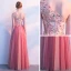 Chic / Beautiful Watermelon Prom Dresses 2018 A-Line / Princess Lace Appliques Pearl One-Shoulder Backless Sleeveless Floor-Length / Long Formal Dresses