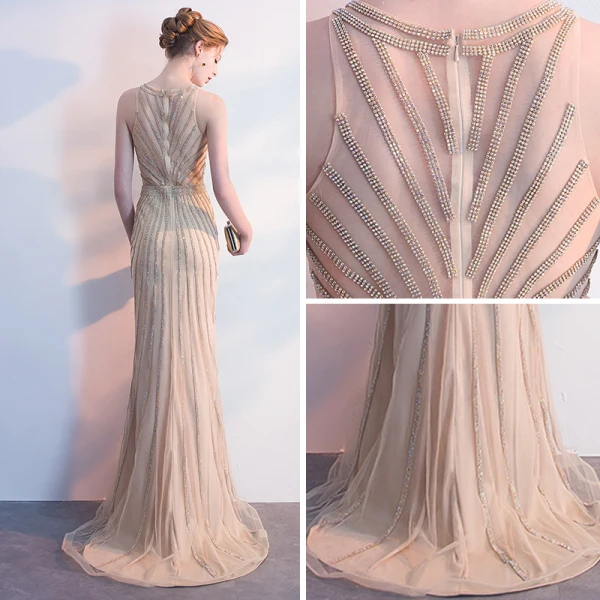 Luxury / Gorgeous Champagne Evening Dresses 2018 Trumpet / Mermaid Rhinestone Scoop Neck Sleeveless Sweep Train Formal Dresses