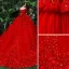 Schöne Rot Brautkleider 2018 Ballkleid Perlenstickerei Applikationen Perle Pailletten Eckiger Ausschnitt Rückenfreies Kurze Ärmel Kathedrale Schleppe Hochzeit