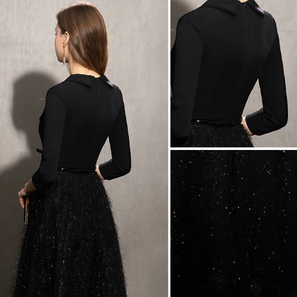 Élégant Noire Robe De Soirée 2019 Princesse V-Cou Noeud Paillettes Gland 3/4 Manches Longue Robe De Ceremonie