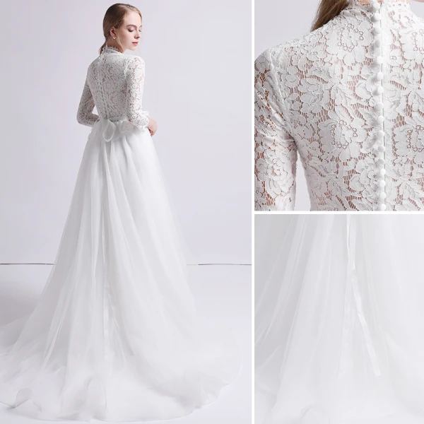 Vintage / Retro Ivory Beach Wedding Dresses 2019 A-Line / Princess High Neck Lace Bow 3/4 Sleeve Sweep Train