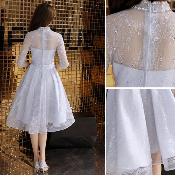 Elegant Grey Homecoming Graduation Dresses 2019 A-Line / Princess High Neck Sequins Lace Flower Bow 3/4 Sleeve Knee-Length Formal Dresses