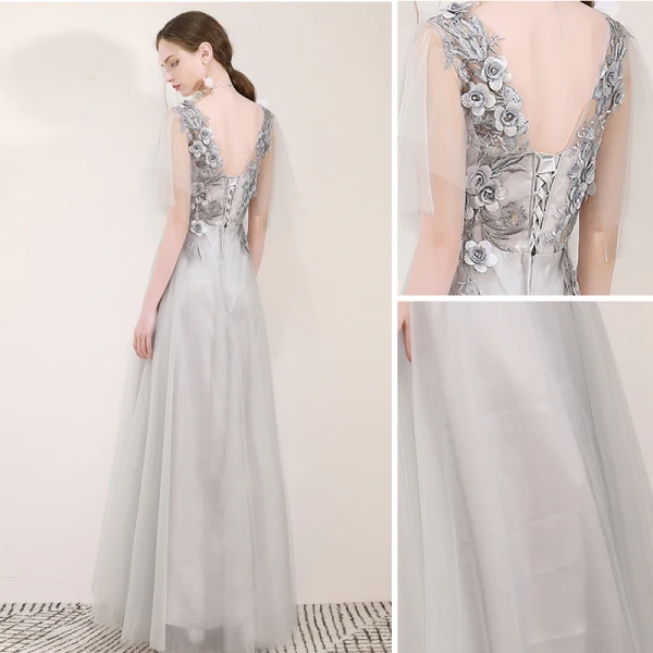 Elegant Grey Evening Dresses  2019 A-Line / Princess V-Neck Appliques Lace Flower Pearl Rhinestone Short Sleeve Backless Floor-Length / Long Formal Dresses