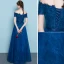 Chic / Beautiful Navy Blue Evening Dresses  2019 A-Line / Princess Off-The-Shoulder Lace Flower Short Sleeve Backless Floor-Length / Long Formal Dresses
