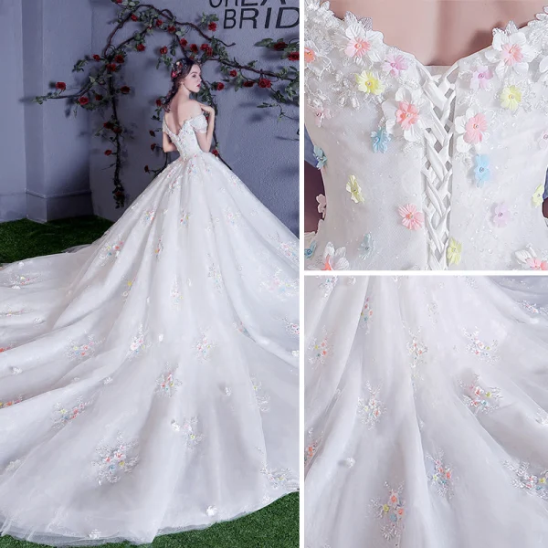 Chic / Beautiful White Wedding Dresses 2018 Ball Gown Multi-Colors Appliques Pearl Off-The-Shoulder Backless Sleeveless Cathedral Train Wedding