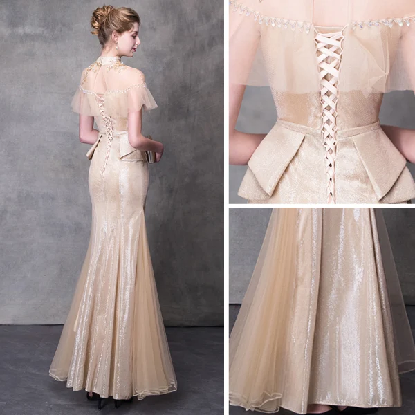 Chic / Belle Robe De Soirée 2018 Trompette / Sirène Appliques Cristal Col Haut Dos Nu Manches Courtes Longue Robe De Ceremonie
