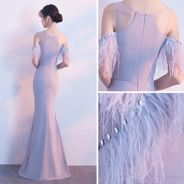 Chic / Beautiful Grey Evening Dresses  2018 Trumpet / Mermaid Feather Scoop Neck Strapless Sleeveless Floor-Length / Long Formal Dresses