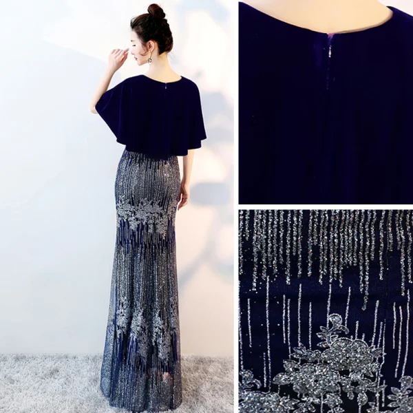 Chic / Beautiful Navy Blue Evening Dresses 2018 Trumpet / Mermaid Glitter V-Neck Short Sleeve Floor-Length / Long Formal Dresses