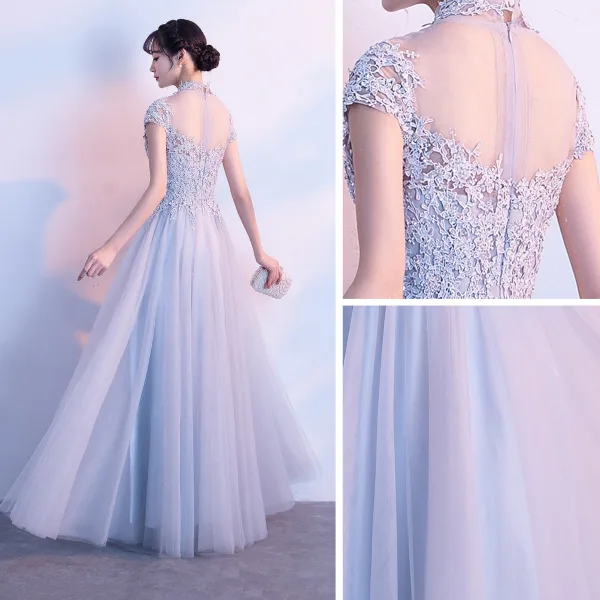 Chinese style Grey Evening Dresses 2018 A-Line / Princess Lace Appliques Beading High Neck Short Sleeve Floor-Length / Long Formal Dresses