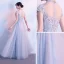 Chinese style Grey Evening Dresses  2018 A-Line / Princess Lace Appliques Beading High Neck Short Sleeve Floor-Length / Long Formal Dresses