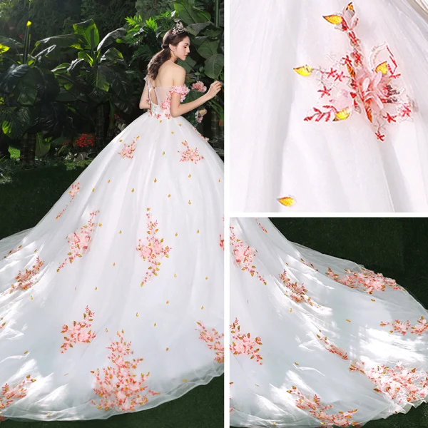 Chic / Belle Blanche Robe De Mariée 2018 Robe Boule Appliques Perle Rose Fleur Cristal Perle Paillettes De l'épaule Dos Nu Sans Manches Cathedral Train Mariage