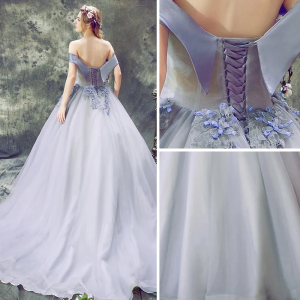 Elegant Lavender Prom Dresses 2018 Ball Gown Appliques Bow Off-The-Shoulder Backless Sleeveless Court Train Formal Dresses