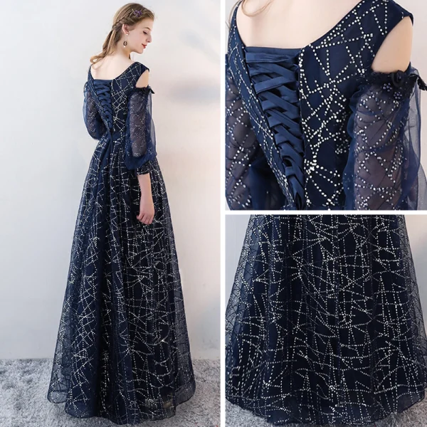 Chic / Belle Bleu Marine Robe De Soirée 2018 Princesse Dentelle Appliques Perlage Paillettes Encolure Dégagée Dos Nu Bustier 3/4 Manches Longue Robe De Ceremonie