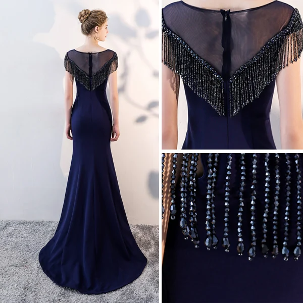 Chic / Belle Océan Bleu Robe De Soirée 2018 Trompette / Sirène Perlage Gland Encolure Dégagée Sans Manches Train De Balayage Robe De Ceremonie