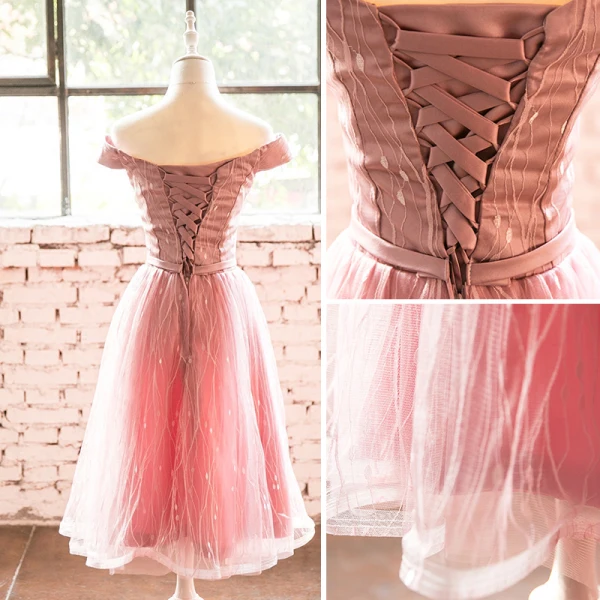 Lovely Pearl Pink Homecoming Graduation Dresses 2018 A-Line / Princess Off-The-Shoulder Backless Sleeveless Knee-Length Formal Dresses