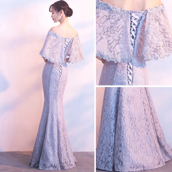 Chic / Belle Gris Robe De Soirée 2018 Trompette / Sirène En Dentelle Fleur De l'épaule Dos Nu 1/2 Manches Longue Robe De Ceremonie