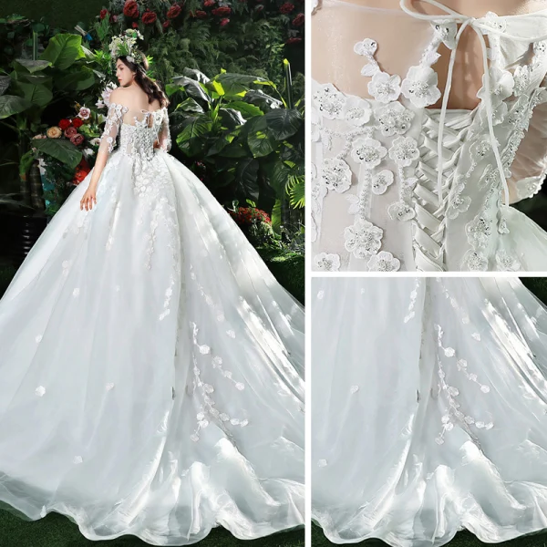Chic / Beautiful White Wedding Dresses 2018 Ball Gown Lace Appliques Pearl Off-The-Shoulder Backless Short Sleeve Cathedral Train Wedding