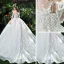 Chic / Beautiful White Wedding Dresses 2018 Ball Gown Lace Appliques Pearl Off-The-Shoulder Backless Short Sleeve Cathedral Train Wedding