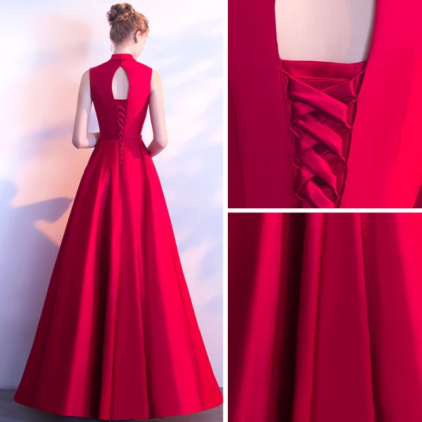 Chic / Belle Bordeaux Robe De Soirée 2018 Princesse Perlage Noeud Col Haut Sans Manches Longue Robe De Ceremonie