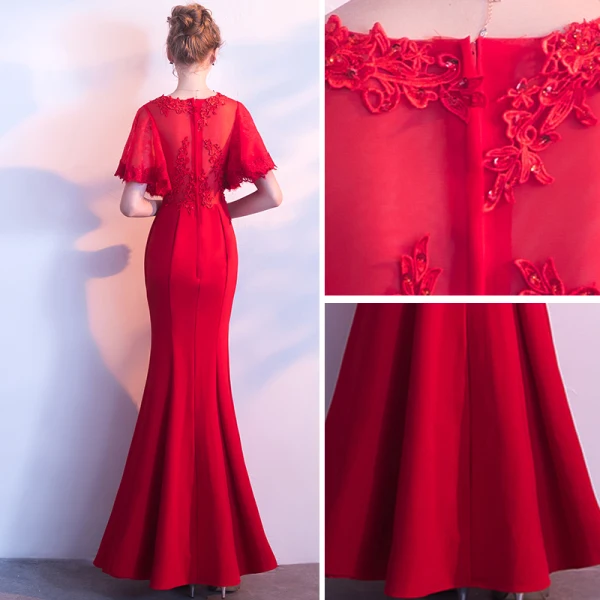Chic / Beautiful Red Evening Dresses 2018 Trumpet / Mermaid Lace Appliques Sequins Scoop Neck 1/2 Sleeves Floor-Length / Long Formal Dresses