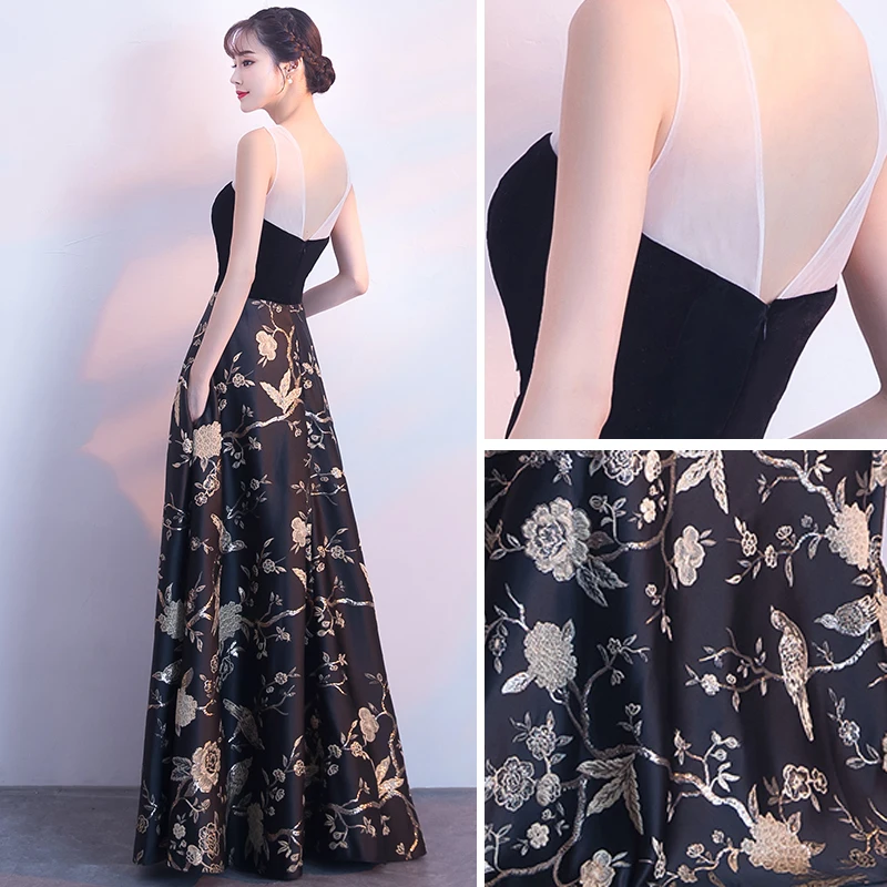 Elegant Black Gold Evening Dresses 2018 A Line Princess Embroidered V Neck  Backless Sleeveless Floor Length Long Formal Dresses