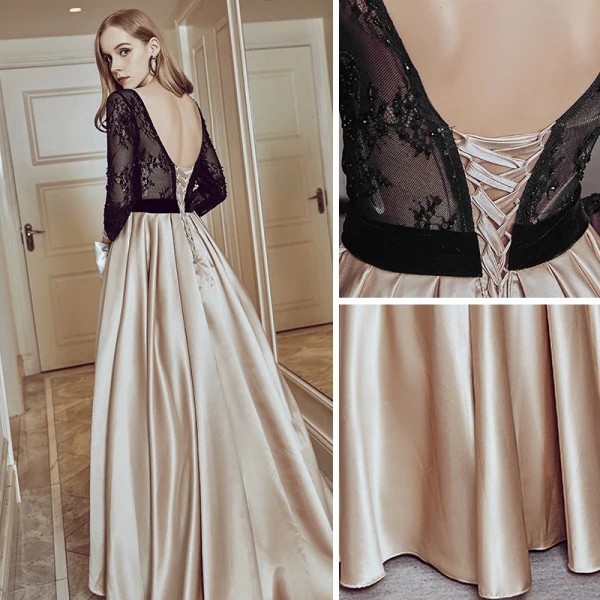 Elegant Champagne Evening Dresses 2018 A-Line / Princess Lace Flower Sequins Bow Scoop Neck Backless Long Sleeve Floor-Length / Long Formal Dresses