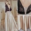 Elegant Champagne Evening Dresses  2018 A-Line / Princess Lace Flower Sequins Bow Scoop Neck Backless Long Sleeve Floor-Length / Long Formal Dresses