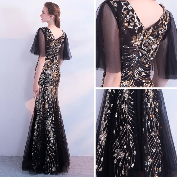 Schöne Schwarz Gold Abendkleider 2018 Mermaid Pailletten V-Ausschnitt Rückenfreies 1/2 Ärmel Lange Festliche Kleider