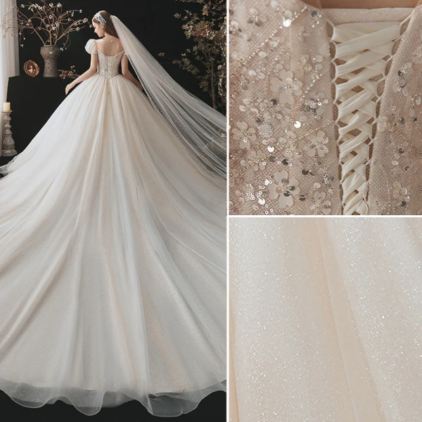 Charming Fashion Champagne Beading Sequins Wedding Dresses 2021 Ball Gown Scoop Neck Appliques Short Sleeve Backless Royal Train Wedding
