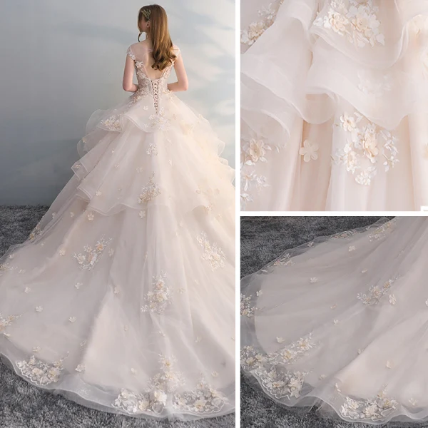 Chic / Beautiful Champagne Wedding Dresses 2018 Ball Gown Lace Appliques Pearl Sequins Scoop Neck Backless Cap Sleeves Cathedral Train Wedding