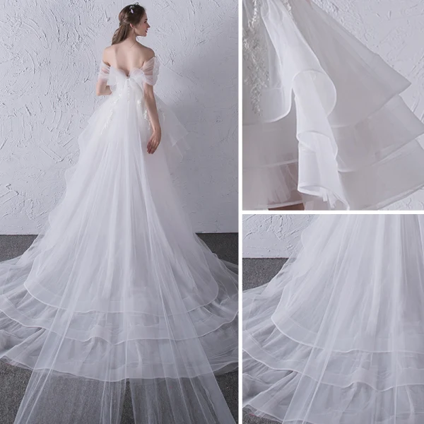 Chic / Beautiful White Beach Wedding Dresses 2018 Ball Gown Lace Appliques Bow Off-The-Shoulder Backless Sleeveless Asymmetrical Wedding