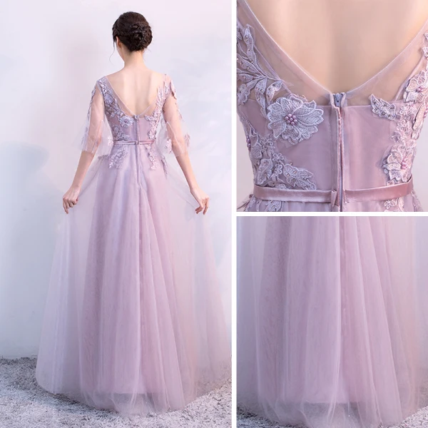 Chic / Beautiful Bridesmaid Dresses 2018 A-Line / Princess Appliques Beading Sash V-Neck Backless 1/2 Sleeves Floor-Length / Long Wedding Party Dresses