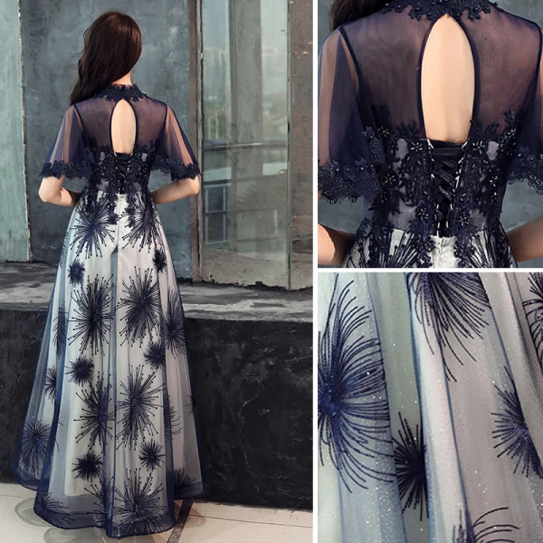 Elegant Navy Blue Evening Dresses  2019 A-Line / Princess Scoop Neck Beading Lace Flower Short Sleeve Backless Floor-Length / Long Formal Dresses
