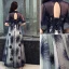 Elegant Navy Blue Evening Dresses  2019 A-Line / Princess Scoop Neck Beading Lace Flower Short Sleeve Backless Floor-Length / Long Formal Dresses