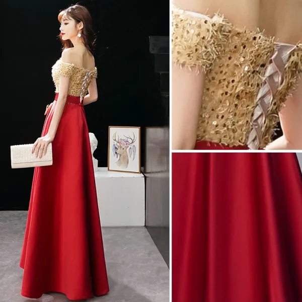 Charming Gold Evening Dresses A-Line / Princess 2019 Off-The-Shoulder Sequins Tassel Short Sleeve Backless Floor-Length / Long Formal Dresses
