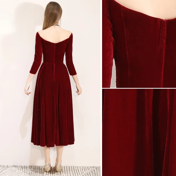 Chic / Beautiful Burgundy Homecoming Graduation Dresses 2019 A-Line / Princess Suede V-Neck Bow 3/4 Sleeve Backless Tea-length Formal Dresses