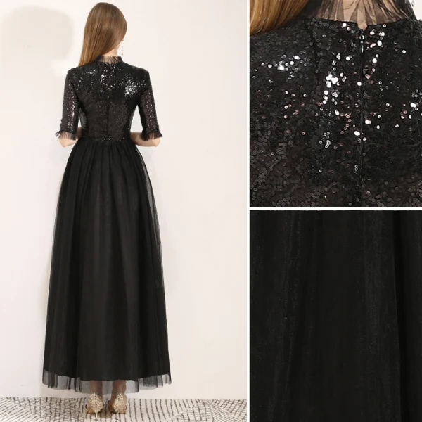Chic / Belle Noire de retour Robe De Graduation 2019 Princesse Col Haut Paillettes 1/2 Manches Longueur Cheville Robe De Ceremonie
