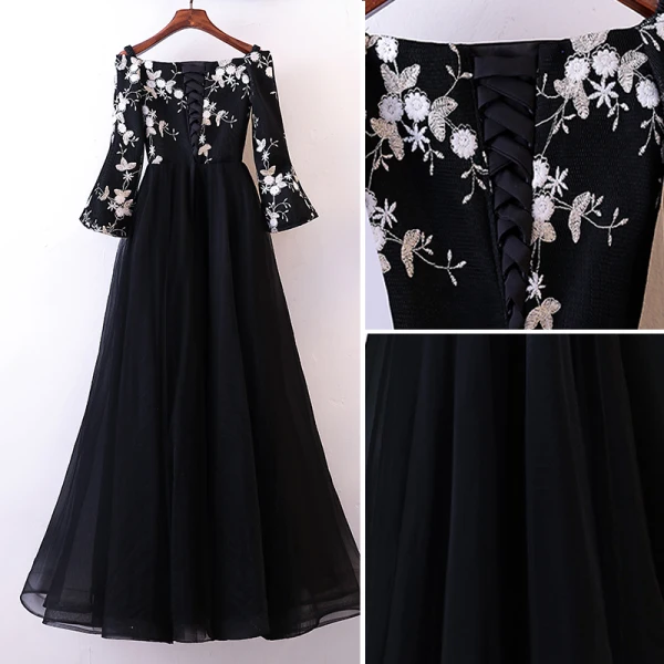Chic / Beautiful Black Evening Dresses 2018 A-Line / Princess Lace Flower Off-The-Shoulder Long Sleeve Floor-Length / Long Formal Dresses